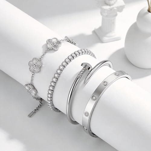 JINDETAI Stackable Silver Bracelets for Women - 3/4/5 Sets, Non-Tarnish Stainless Steel & Sterling Silver Trendy Stackable Bangle Jewelry Set, Gifts for Valentine's Day, Birthday, Prom and Christmas - Thumbnail 6