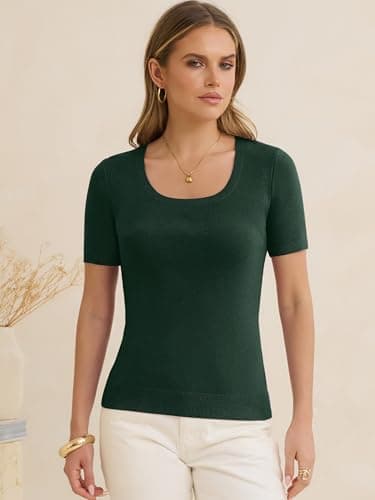 ANRABESS Womens Short Sleeve Sweaters Wool Blend Summer Scoop Neck Casual Business Knit Shirts Slim Fit Work Tops Outfits Drak Green Large - Thumbnail 4