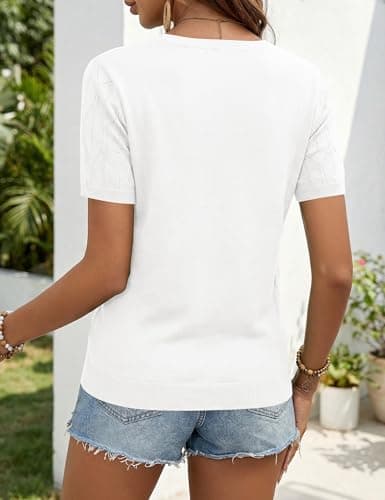 LaGracia Sweater for Women Short Sleeve Crew Neck Lightweight Sweaters Casual Summer Spring Tops 2026 Cream White L - Thumbnail 5