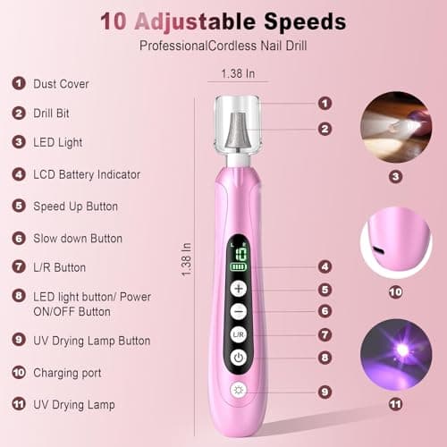 Pro Nail Drill Kit, Electric Nail File with UV Dryer Lamp & LED Light, 10000RPM Low Vibration & Noise, 10 Speeds, 3000mAh Cordless Nail dremel, Toenail Grinder for Manicure Pedicure Home Use, Pink - Thumbnail 5