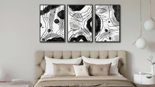 Large Framed Abstract Wall Art - Black and White Wall Decor 24"x36" Set of 3 Modern Geometric Wall Art Prints Minimalist Dots Lines Painting Canvas Pictures for Living Room Bedroom Bathroom - Thumbnail 3