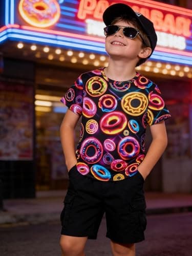 Funnycokid Boys Shirts Size 8-9 Kids T-Shirts Girls Neon Donuts Retro-Futuristic Digital Print Clothes Tops Tees Graphic Cool 8-9 Years Youth - Thumbnail 5