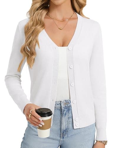 GRACE KARIN Womens White Cardigan Sweaters Lightweight Button Up V-Neck Spring Cardigans Trendy Summer Knit Shrug M - Image 1