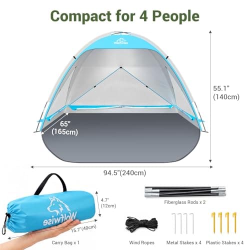 Wolfwise Beach Tent Sun Shelter for 4 Person with UPF 50+ UV Protection, Sun Shade Beach Tents with Extendable Floor for Privacy, 3 Ventilated Mesh Windows & Carrying Bag, 95 ''x65''x55'', Blue - Thumbnail 5