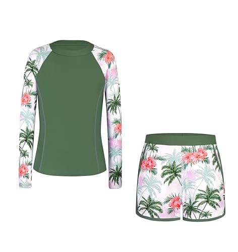 Alakuoti Girls Rash Guard Swimsuit Two Piece Bathing Suit UPF 50+ Sun Protection Long Sleeve Swimwear Size 12 Green Coconut Tree - Thumbnail 4