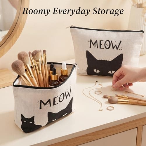 WSICSE 2 Pcs Black Cat Makeup Bags for Cat Lover Gifts, Black Cat Toiletry Bag for Women Teen Girls, Large Zipper Pencil Case for Travel Cash Pen Cosmetics - Thumbnail 5