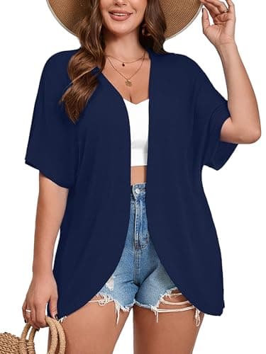 AusLook Women's Plus Size Short Sleeve Lightweight Open Front Cardigan Navy Blue 3X Cover Ups Shrugs Shawls and Wraps Kimono Jacket Coat - Image 1