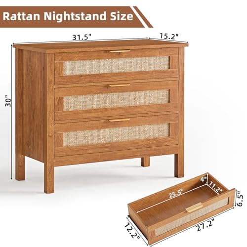 LEYAOYAO 31.5" Wide Rattan Nightstand, Large Boho 3 Drawer Night Stand, Tea Brown Bedside Table with Storage, Tall Bed Side End Tables, Chest of Drawers Dressers for Bedroom, Living Room, Hallway - Thumbnail 2