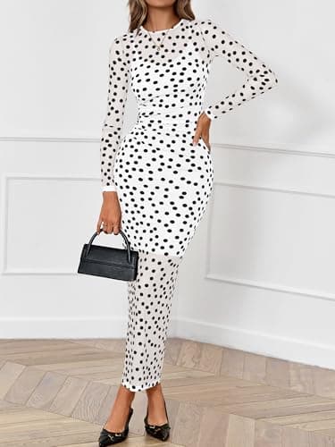 BTFBM Spring Dresses for Women 2026 2 Piece Set Long Sleeve Polka Dot Sexy Bodycon Mesh Dress and Slip Dress Wedding(Big Dot White Black, Small) - Thumbnail 2