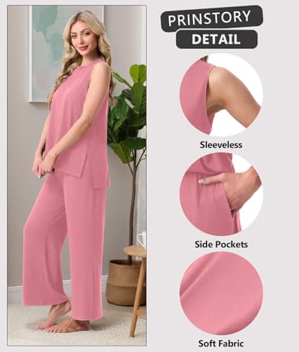 PrinStory Womens Pajamas Sets 2 Piece Soft Pjs for Women Sleeveless Pajama Set Summer Loungewear with Pockets Pink-M - Thumbnail 5