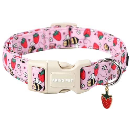 ARING PET Summer Dog Collar-Cute Pink Dog Collar for Small Dogs, Adjustable Strawberry Bees Print Pet Collars Puppy Collar for Small Medium Large Dogs