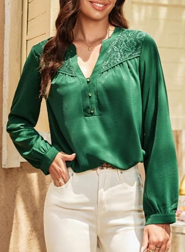 Dokotoo Womens Long Sleeve Tops Dressy Casual Spring Clothes Business Work Blouses Emerald Green Button Down Shirts V Neck Blouses for Women XXL - Thumbnail 4