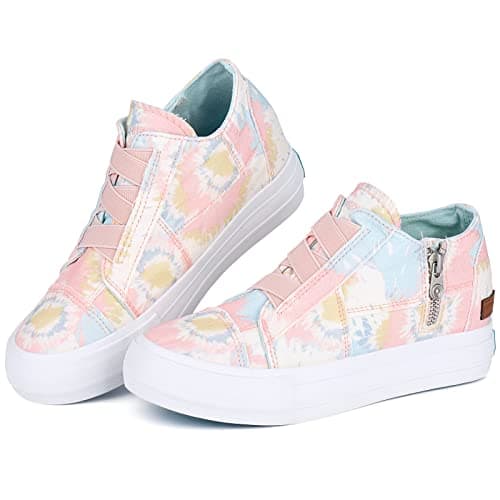 JENN ARDOR Wedge Sneakers for Women Fashion Canvas Shoes Casual Platform Hidden Heel Womens Slip On Sneaker Non Slip Side Zipper Pink-Blue - Thumbnail 3
