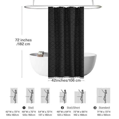 Stall Boho Black Woven Fabric Shower Curtain with Tassels 42 x 72 Modern Farmhouse Minimalist Tufted Chevron Striped Shabby Chic Textured, Water Resistant Curtain for Bathroom, Hotel Decor - Thumbnail 4