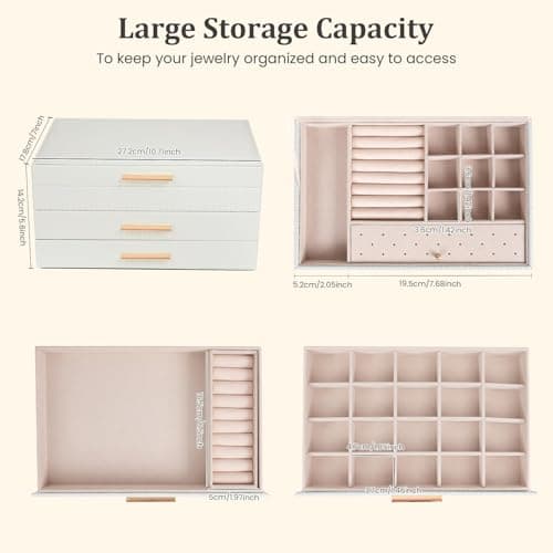 Dajasan Jewelry Box Organizer, 3-Tier Large Jewelry Storage Organizer with 2 Drawers, Space-Saving Jewelry Boxes for Women, PU Leather Surface with Texture, Gift Idea, Modern Style (White) - Thumbnail 2