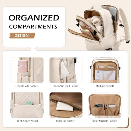 MDODO Travel Backpack for Women Men - Large Carry on Backpack fits 15.6" Laptop Lightweight Travel Bag Daypack Waterproof Causal Bookbag Backpack for College,Work,36L, Beige - Thumbnail 3