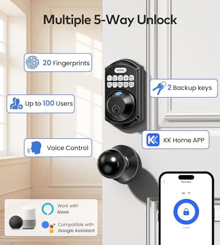 TEEHO TE012W-K WiFi Smart Keyless Entry Door Lock with Handle, Fingerprint Door Knob & Digital Keypad, APP Remote Control, Works with Alexa & Google, Electronic Deadbolt for Front Door, Matte Black - Thumbnail 4