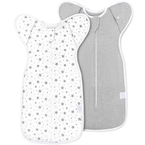 ANYEDDE 2-Pack Baby Swaddle 3-6 Months - Arms Up Swaddles with Removable Cuffs & 2-Way Zipper, Gray Stars Design, Breathable Cotton Newborn Sleep Bag - Image 1