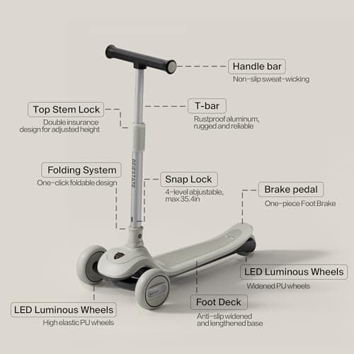BEIESTATE 3 Wheel Scooter for Kids Ages 3-18, Up to 220 Lbs, Kids Scooter with Adjustable Lean-To-Steer Switch, Foldable, Lightweight, Wide Anti-Slip Deck, Adjustable Height Handlebar, Light-Up Wheels - Thumbnail 2