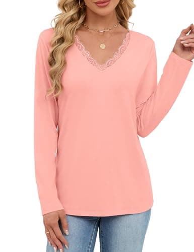 JUSTFASHIONNOW Lace Long Sleeve Tops for Women V Neck T Shirts Business Casual Blouses Cute Tunic Tops Trendy Comfy Tee Winter Outfits 2025 (Pink,Medium) - Thumbnail 3