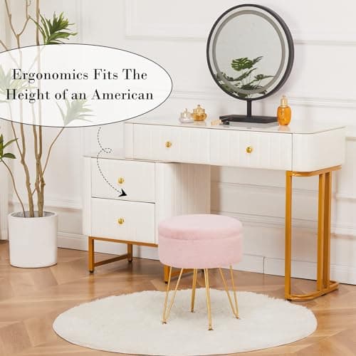 Cplxroc Ottomans Round Faux Fur Ottoman with Storage Footstools Vanity Chair Coffee Table Ottoman for Living Room (Pink) - Thumbnail 6