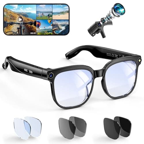 Hwagol Smart Glasses with Camera, 8MP HD Photo and Video Recording,AI Camera Glasses with Real-Time Translation/Object Recognition/AI Voice Q&A/Recording, Calls and Music,Comes with 3 Pairs of Lenses