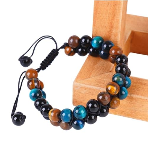 PAKUNDAS Handmade Triple Protection Bracelet,Bracelets for Men Natural Tiger Eye Jewelry Stone Hematite and Blue Stone Hematite 8mm Crystal Bracelet - Adjustable Size with Premium Gift-Box - Thumbnail 5
