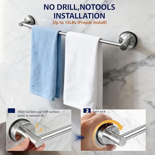 Dovyn No-Drill Stainless Steel Suction Cup Towel Bar, Adjustable 14.6–24 Inch Bathroom Towel Rack for Glass Shower Door & Tile Wall, Heavy Duty Wall Mounted Towel Holder(Silver) - Thumbnail 2