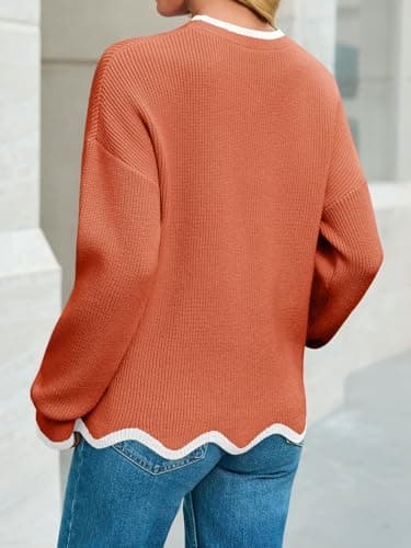 Saodimallsu Womens Burnt Orange Pullover Sweaters Crewneck KnitJumpers with Wave Hem Long Sleeve Trendy Sweater Tops - Thumbnail 6