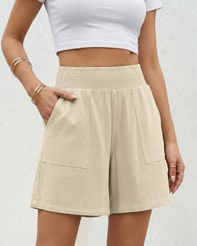 Bsubseach Shorts for Women Summer Casual Elastic High Waisted Shorts Wide Leg Cargo Shorts with Pockets Khaki S - Thumbnail 2