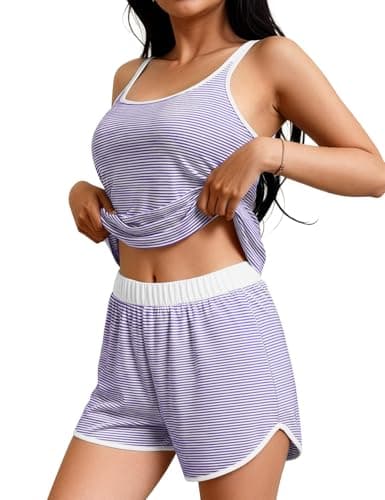 JUSTFASHIONNOW Womens Striped Tank Top Pajama Set 2 Piece Summer Cami and Shorts Pjs Set Comfy Sleeveless Sleepwear(Purple,Medium) - Image 1
