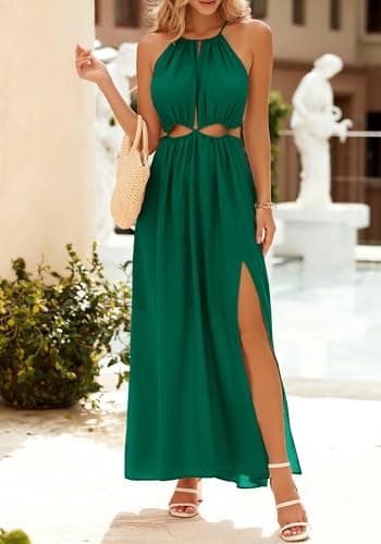 BTFBM Women Halter Summer Dresses 2026 Sleeveless Cutout Backless Sundress Slit Boho Maxi Beach Wedding Guest Dress(Dark Green, Medium) - Thumbnail 2