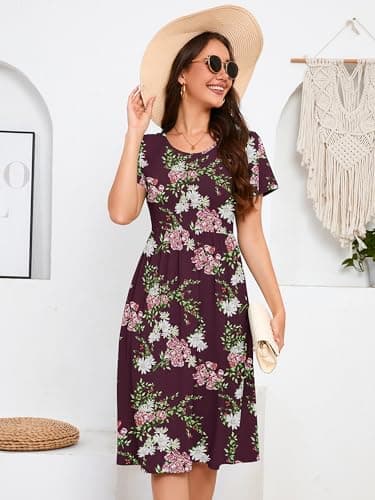 DEARCASE Women's Dresses Flower Wine Red X-Large Short Sleeve A line Summer Beach Midi Sundress Casual Wedding Guest Flowy Swing Cocktail Party Holiday Spring Travel Long Dress with Pockets - Thumbnail 6