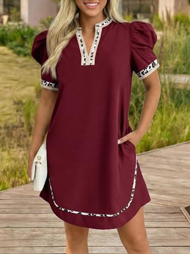 Wenrine Womens Puff Short Sleeve Mini Dress Casual V Neck Color Block Leopard Loose Beach Summer Dresses with Pockets - Thumbnail 3