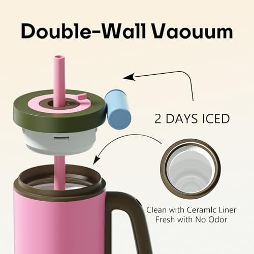 Sidagar Tumbler with Handle,36 oz Ceramic Lined Travel Mug Water Bottle with Straw,Vacuum Insulated Stainless Steel Cup with Lid,Fits Cup Holder, Leak Resistant Press-in Lid,Pink - Thumbnail 4