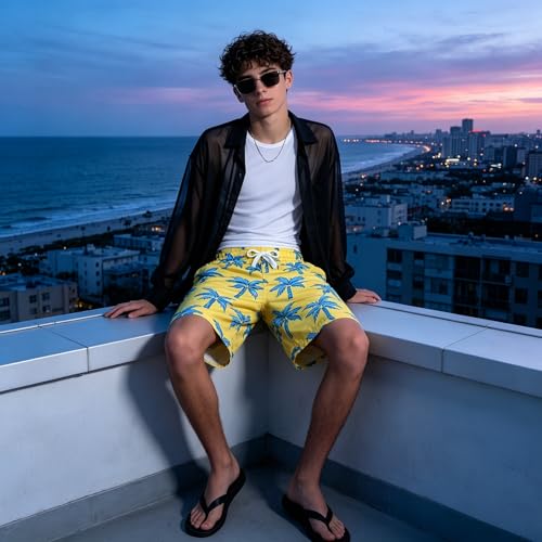 westwolf Kid Swim Trunks with Compression Liner Yellow Little Boys Bathing Suit Size 6 7 Yellow Palm Tree Summer Boy Swim Shorts School Board Shorts Travel Swim Suits - Thumbnail 6