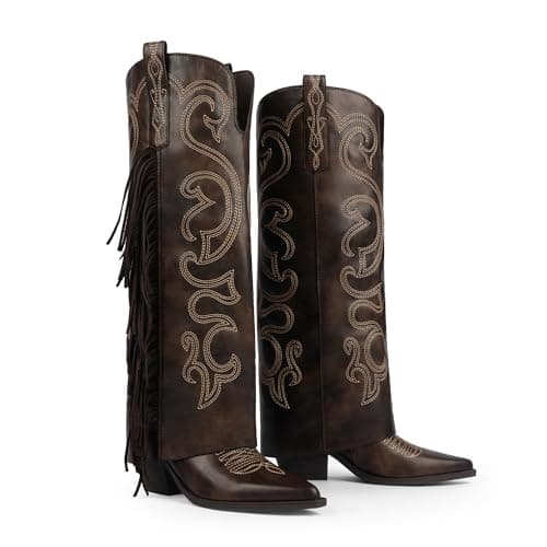 QIY Womens Retro Brown Boots Knee High Cowboy Boots for Women Cowgirl Fold Over Wide Calf Cowboy Boot for Women Fringe Western Embroidered Pointed Toe Chunky Heel with Tassels Tall Boot Size 6.5 - Thumbnail 6