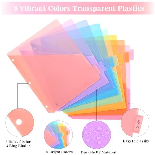 SUQJOY 8-Tab Dividers for 3 Ring Binder, 24 Count Binder Dividers with Pockets, Subject Dividers, 3-Hole Plastics Sheets Protectors for US Letter Size in 0.5", 1",2" Binders, Pastel 8 Color, 3 Packs - Thumbnail 2
