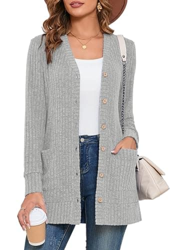 Heymoments Women's Long Sleeve Open Front Cardigan Light Gray X-Large Button Down Ladies Loose Sweater 2026 Fall Winter Lightweight Knit Outerwear Coat with Pocket - Image 1