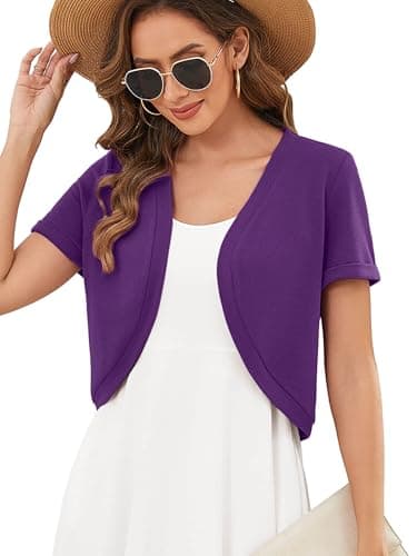 Heymoments Women's Short Sleeve Shrugs Purple Medium Lightweight V-Neck Open Front Cropped Cardigan Knitted Bolero Sweaters Elegant Dresses Cover Up - Image 1