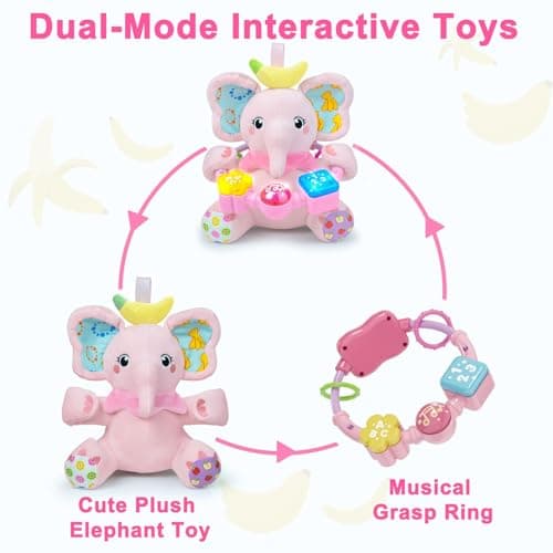 Holaxander Baby Elephant Musical Stuffed Animals Toy with Light-Up Music & Crinkle Sound Paper,Infant Bilingual Early Learning Education Toys,Tummy Time Toys for 0-3-6-12+ Months Boy Girl, Pink - Thumbnail 6