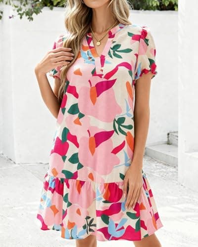 dowerme Womens Summer Dresses 2026 Puffy Sleeve V Neck Loose Floral Print A Line Boho Mini Babydoll Dress with Pockets(Apricot Rose Red Flower,XX-Large) - Thumbnail 5