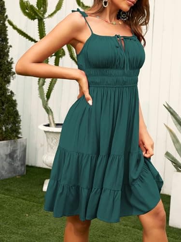 ZAFUL Womens Summer Dresses Boho Spaghetti Strap Corset Milkmaid Dresses Cute Short Swing Babydoll A Line Smocked Sundresses Dark Green L - Thumbnail 3