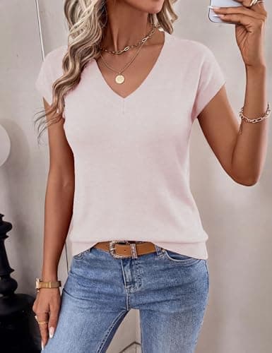 LaGracia Womens Short Sleeve Sweater Wool Blend Cashmere V Neck Cropped Sweaters Lightweight Business Casual Sweater Tops Basic Summer Outfits Beige Pink XL - Thumbnail 2