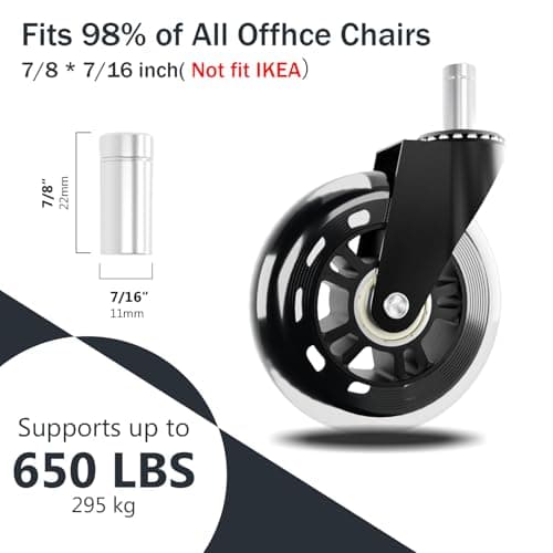 Office Chair Wheels Replacement,3" Rubber Casters 7/16" Stem,Universal fit for Most Rolling/Gaming Chairs,Floor Protection for Carpet/Hardwood/Tile,Smooth&Quiet Rolling, Set of 5 (Transparent) - Thumbnail 2