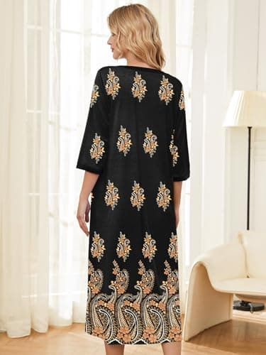 PITINAN Mumu Dresses for Women Cotton House Dress for Women Robes Long Zipper Front House Coat Womens Long Sleeve Nightgowns Black Paisley XL - Thumbnail 3