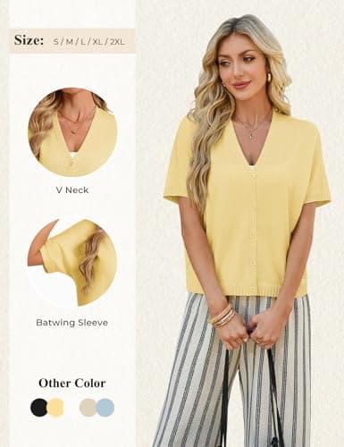 GRACE KARIN Women Spring Short Sleeve Cardigan Sweaters Button Down Knit Shirt Dressy Casual Tops 2026 Summer Outfits Yellow - Thumbnail 2