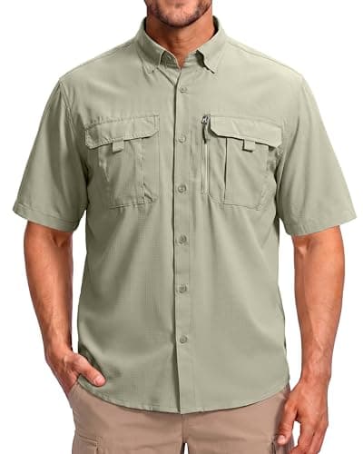 BETBO Men's Short Sleeves Fishing Shirts Button Down Summer Travel Work Shirts with Zipper Pockets(Sage Green, Medium) - Image 1