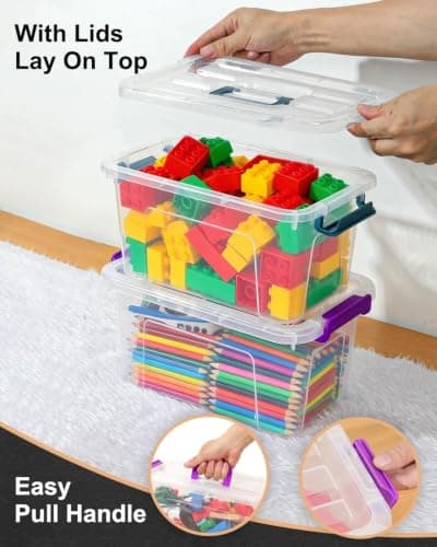 AREYZIN Plastic Storage Bins with Lids 6 Pack, 7 Quart Stackable Storage Containers with Buckle Latches, Heavy Duty Clear Organizer Bins for Home Office Supplies, Craft & Toy Storage, BPA-Free,Purple - Thumbnail 3