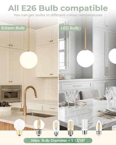 Majade Globe Pendant Lights Kitchen Island Mid Century Modern Pendant Light Fixtures 2 Pack 7.4 Inch Gold Ceiling Lighting with Milk Glass Shade Adjustable Brushed Brass Hanging Light for Dining Room - Thumbnail 6